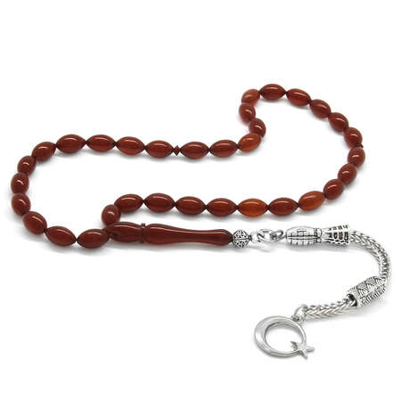 Kararmaz Metal Ayyıldız Püsküllü Arpa Kesim Koyu Kırmızı Sıkma Kehribar Tesbih - Tesbihane