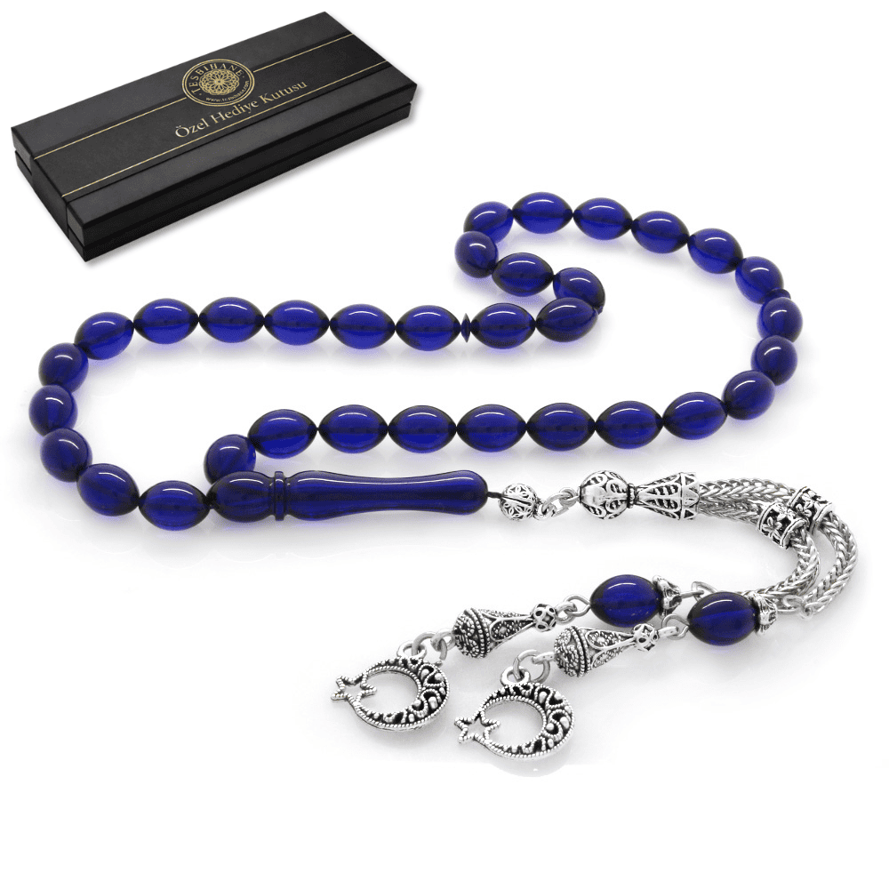 Kararmaz Metal Ayyıldız Püsküllü Arpa Kesim Lacivert Sıkma Kehribar Tesbih - 1