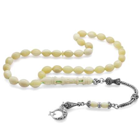 Kararmaz Metal Ayyıldız Püsküllü Arpa Kesim Minare İmameli Doğal Renk Deve Kemiği Tesbih - Tesbihane