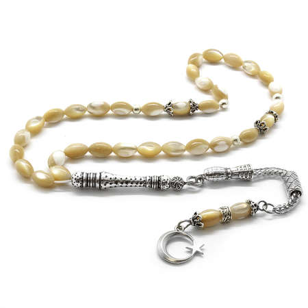 Kararmaz Metal Ayyıldız Püsküllü Arpa Kesim Sarı Sedef Doğaltaş Tesbih - Tesbihane