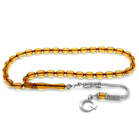 Kararmaz Metal Ayyıldız Püsküllü Arpa Kesim Şeffaf Sarı Ateş Kehribar Tesbih - Tesbihane