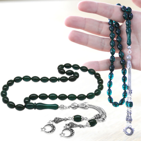 Kararmaz Metal Ayyıldız Püsküllü Arpa Kesim Su Mavi Ateş Kehribar Tesbih - Tesbihane