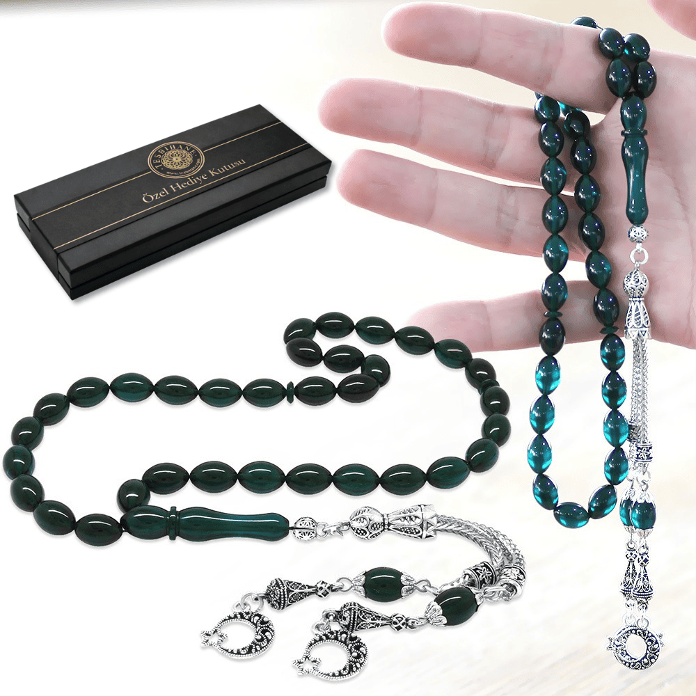 Kararmaz Metal Ayyıldız Püsküllü Arpa Kesim Su Mavi Ateş Kehribar Tesbih - 1