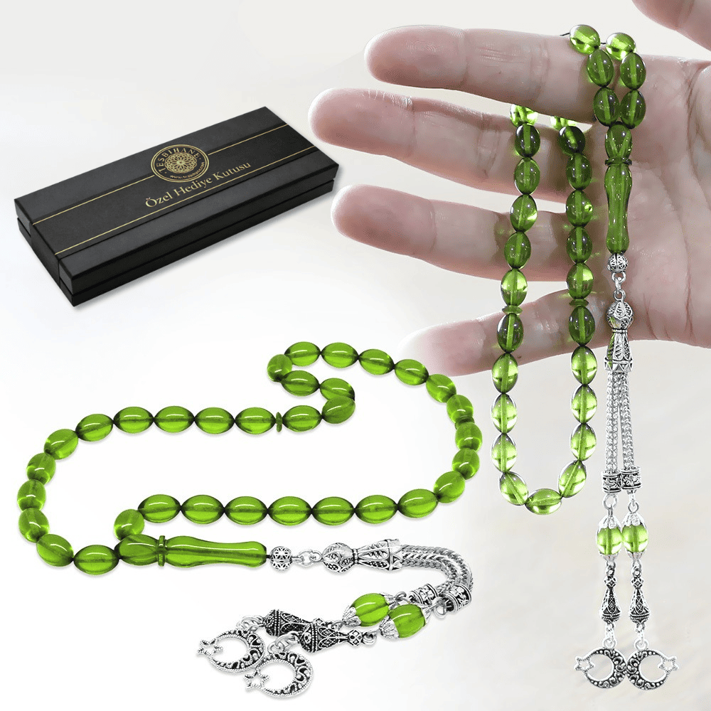 Kararmaz Metal Ayyıldız Püsküllü Arpa Kesim Su Yeşili Ateş Kehribar Tesbih - 1