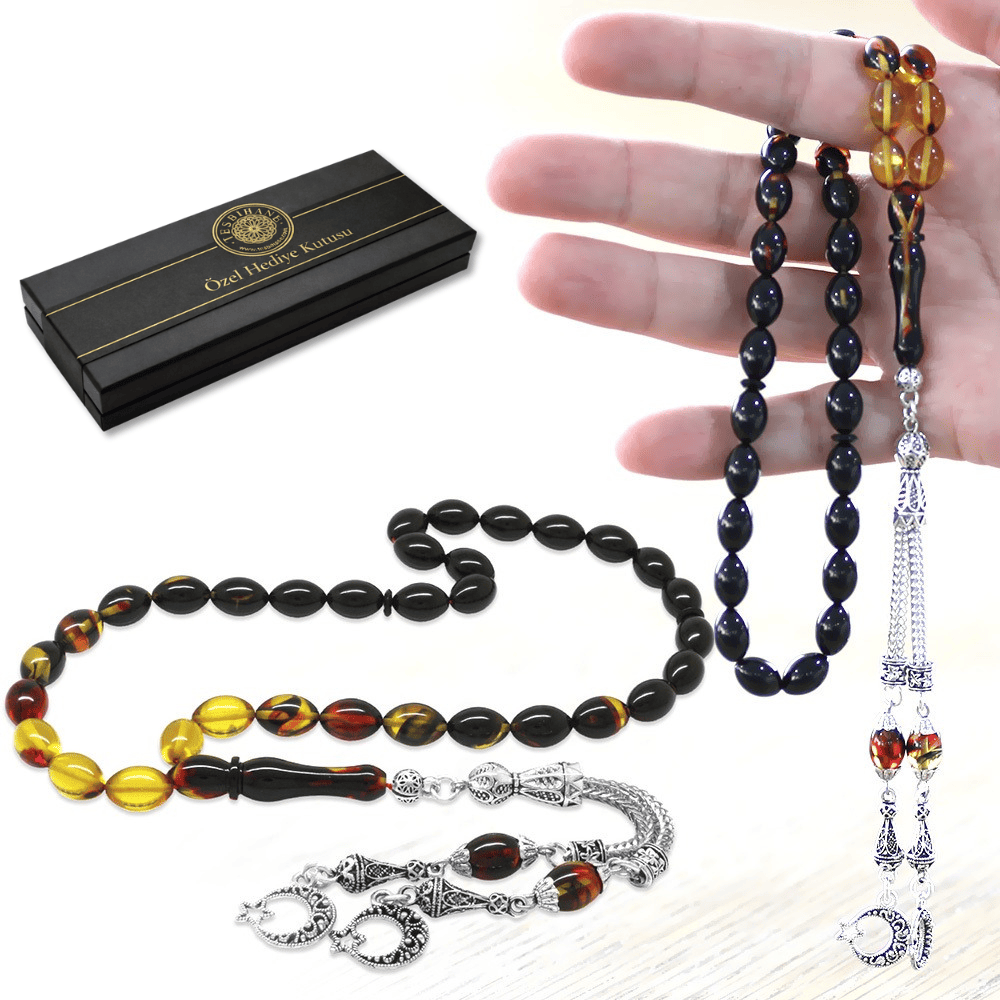 Kararmaz Metal Ayyıldız Püsküllü Arpa Kesim Süzme Bala Siyah Renk Ateş Kehribar Tesbih - 1