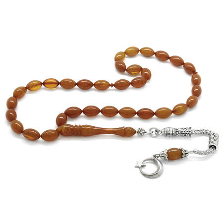 Kararmaz Metal Ayyıldız Püsküllü Arpa Kesim Yoğun Hareli Sarı Sıkma Kehribar Tesbih - Tesbihane