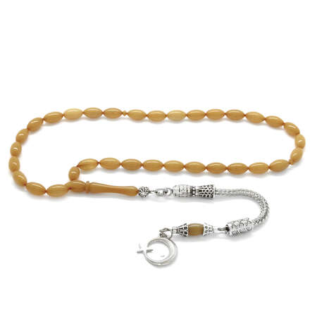 Kararmaz Metal Ayyıldız Püsküllü İnce Arpa Kesim Opak Sarı Sıkma Kehribar Tesbih - Tesbihane