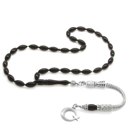 Kararmaz Metal Ayyıldız Püsküllü İnce Arpa Kesim Yeşil-Siyah Sıkma Kehribar Tesbih - Tesbihane