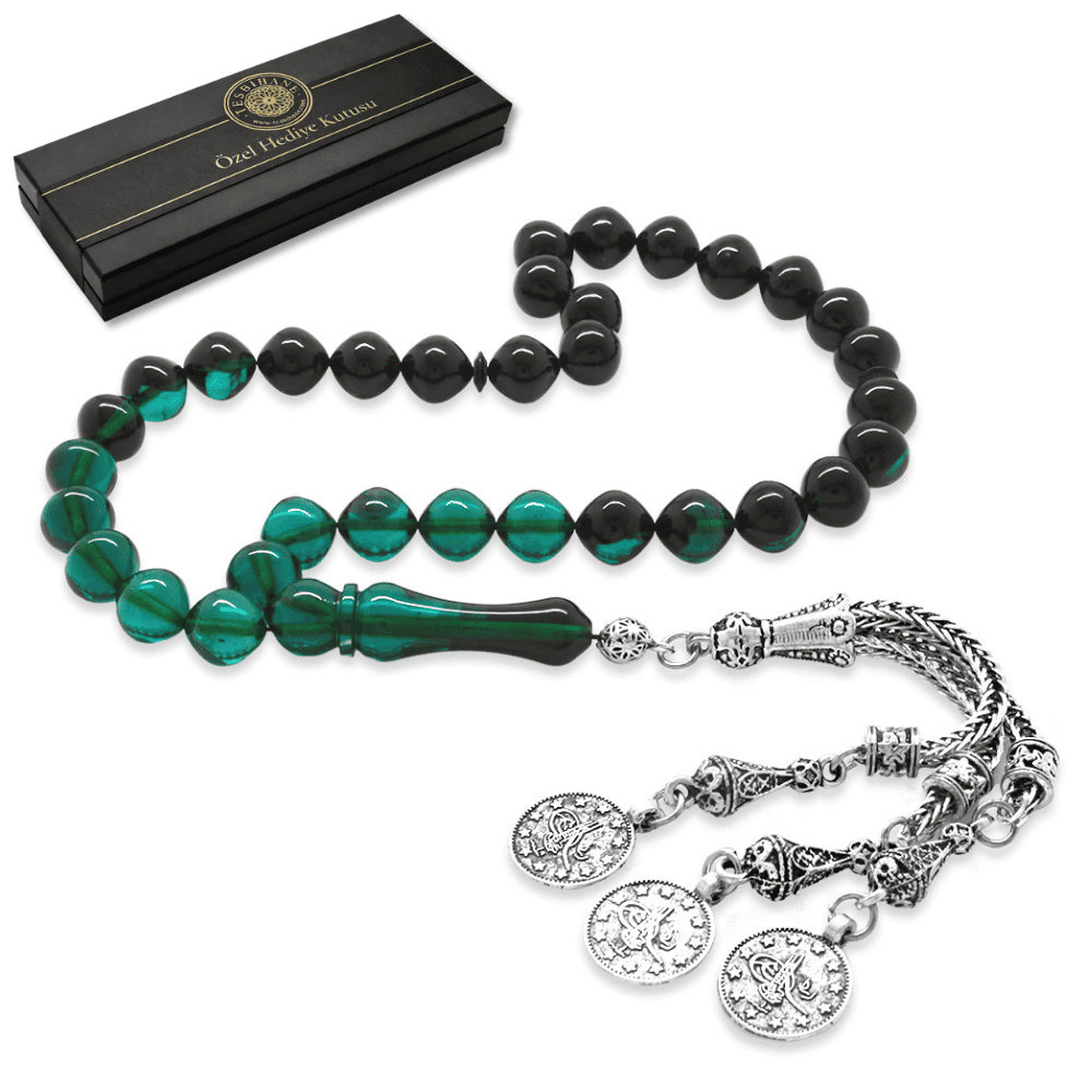 Kararmaz Metal Ayyıldız Püsküllü İstanbul Kesim Süzme Turkuaz Siyah Ateş Kehribar Tesbih - 1