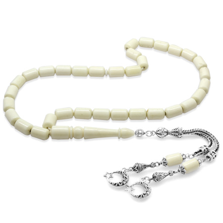 Kararmaz Metal Ayyıldız Püsküllü Kapsül Kesim Doğal Renk Deve Kemiği Tesbih - Tesbihane