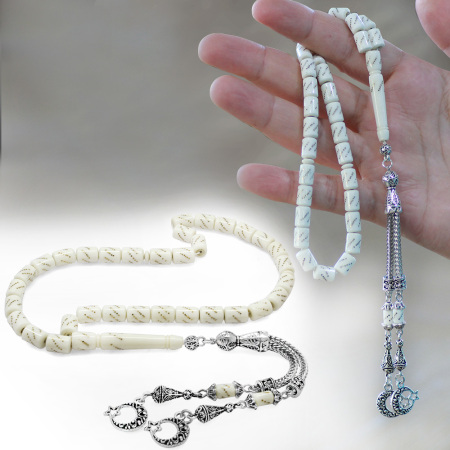 Kararmaz Metal Ayyıldız Püsküllü Kapsül Kesim Pirinç İşlemeli Deve Kemiği Tesbih - Tesbihane