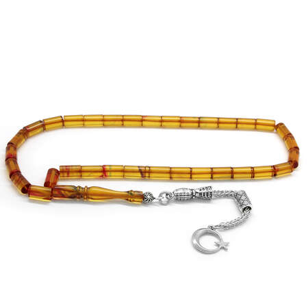 Kararmaz Metal Ayyıldız Püsküllü Kesme Kesim Şeffaf Sarı Ateş Kehribar Tesbih - Tesbihane