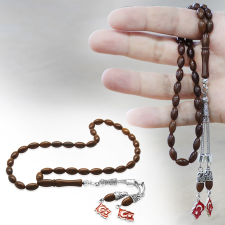 Kararmaz Metal Ayyıldız Püsküllü Koyu Kahverengi Arpa Kesim Kuka Tesbih - Tesbihane