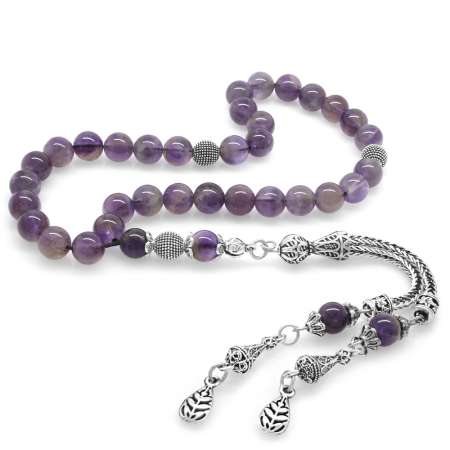 Kararmaz Metal Buğday Püsküllü Küre Kesim Ametist Doğaltaş Tesbih - Tesbihane