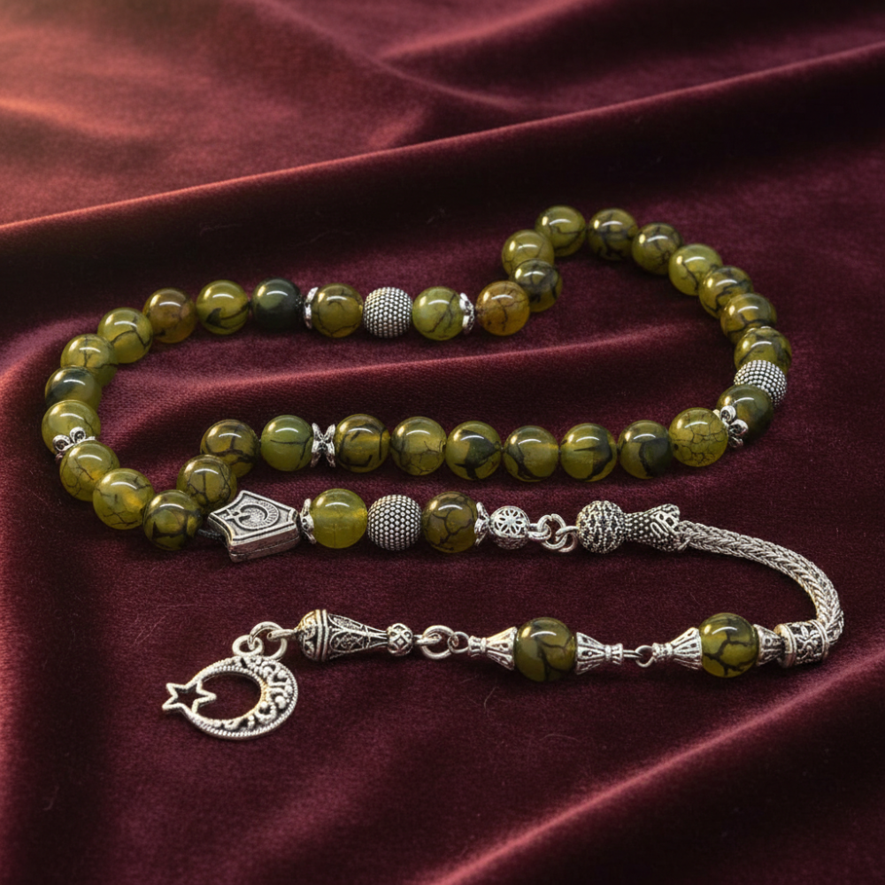 Kararmaz Metal Püsküllü Küre Kesim Damarlı Yosun Yeşili Akik Doğaltaş Tesbih - 2