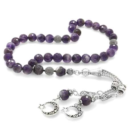 Kararmaz Metal Ayyıldız Püsküllü Küre Kesim Fasetalı Ametist Doğaltaş Tesbih - Tesbihane