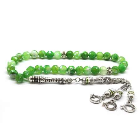 Kararmaz Metal Ayyıldız Püsküllü Küre Kesim Fasetalı Yeşil Akik Doğaltaş Tesbih - STOKYOK