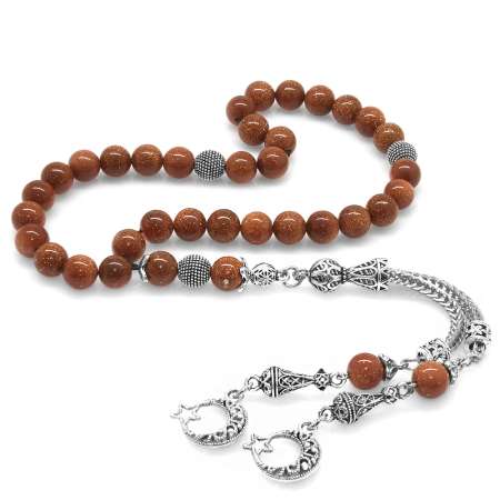 Kararmaz Metal Ayyıldız Püsküllü Küre Kesim Kahverengi Yıldız Taşı Doğaltaş Tesbih - Tesbihane