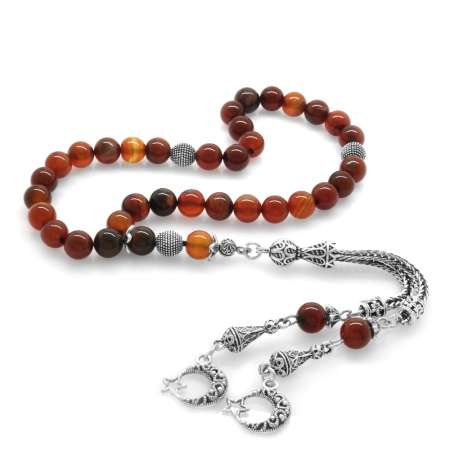 Kararmaz Metal Ayyıldız Püsküllü Küre Kesim Kırmızı Siyah Akik Doğaltaş Tesbih - Tesbihane