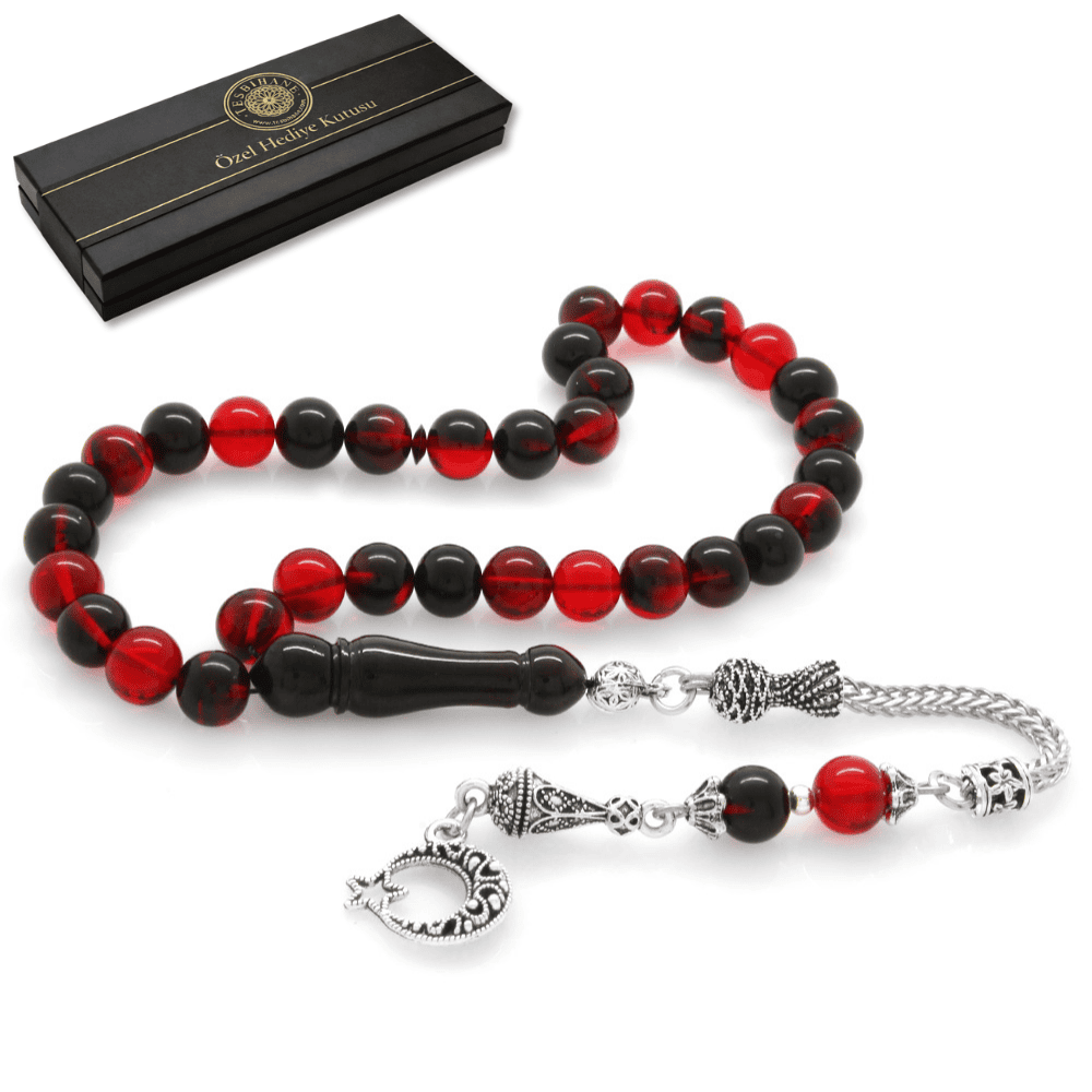 Kararmaz Metal Ayyıldız Püsküllü Küre Kesim Kırmızı Siyah Ateş Kehribar Tesbih - 1
