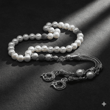 Kararmaz Metal Ayyıldız Püsküllü Küre Kesim Mayorka İnci Doğaltaş Tesbih - Tesbihane