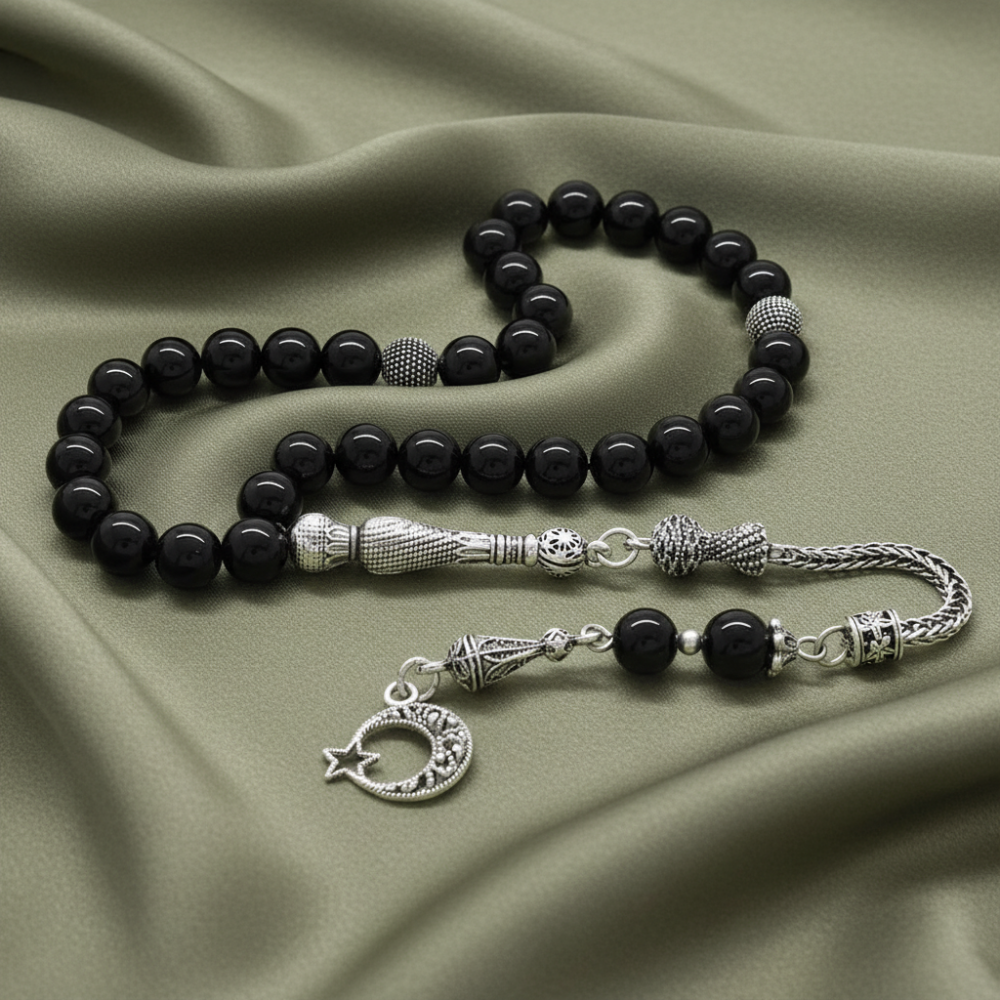 Kararmaz Metal Ayyıldız Püsküllü Küre Kesim Oniks Doğaltaş Tesbih - 2