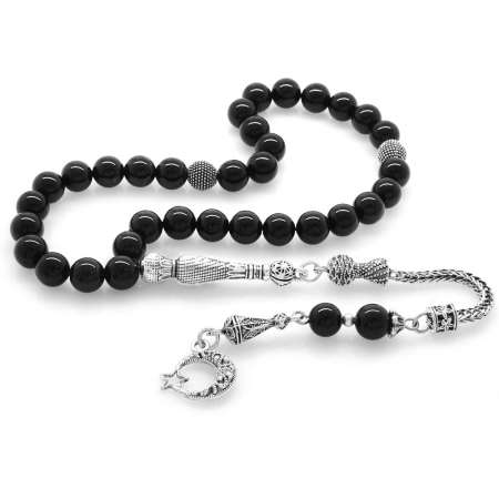 Kararmaz Metal Ayyıldız Püsküllü Küre Kesim Oniks Doğaltaş Tesbih - Tesbihane