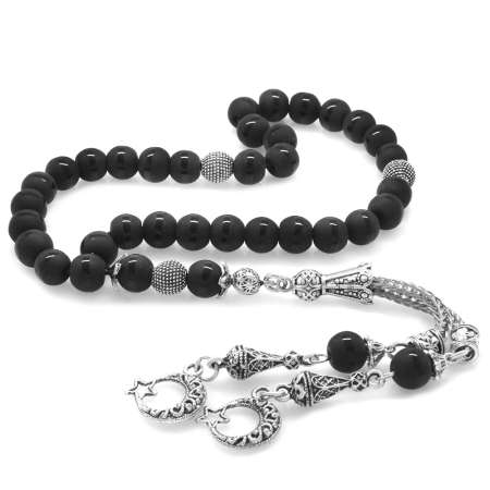 Kararmaz Metal Ayyıldız Püsküllü Küre Kesim Ortası Çizgili Oniks Doğaltaş Tesbih - Tesbihane