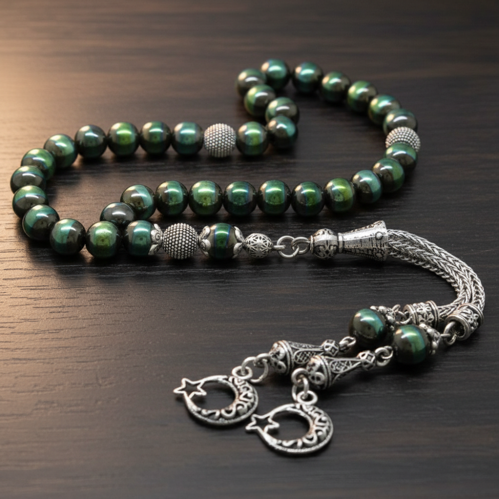 Kararmaz Metal Ayyıldız Püsküllü Küre Kesim Renkli Hematit Doğaltaş Tesbih - 2