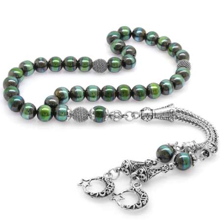 Kararmaz Metal Ayyıldız Püsküllü Küre Kesim Renkli Hematit Doğaltaş Tesbih - Tesbihane