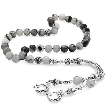 Kararmaz Metal Ayyıldız Püsküllü Küre Kesim Rutil Kuvars Doğaltaş Tesbih - Tesbihane