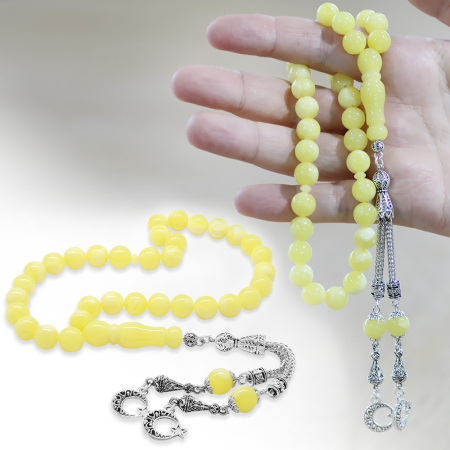 Kararmaz Metal Ayyıldız Püsküllü Küre Kesim Sarı Beyaz Hareli Beyrut Kehribar Tesbih - Tesbihane