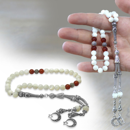 Kararmaz Metal Ayyıldız Püsküllü Küre Kesim Sedef Mercan Doğaltaş Tesbih - Tesbihane