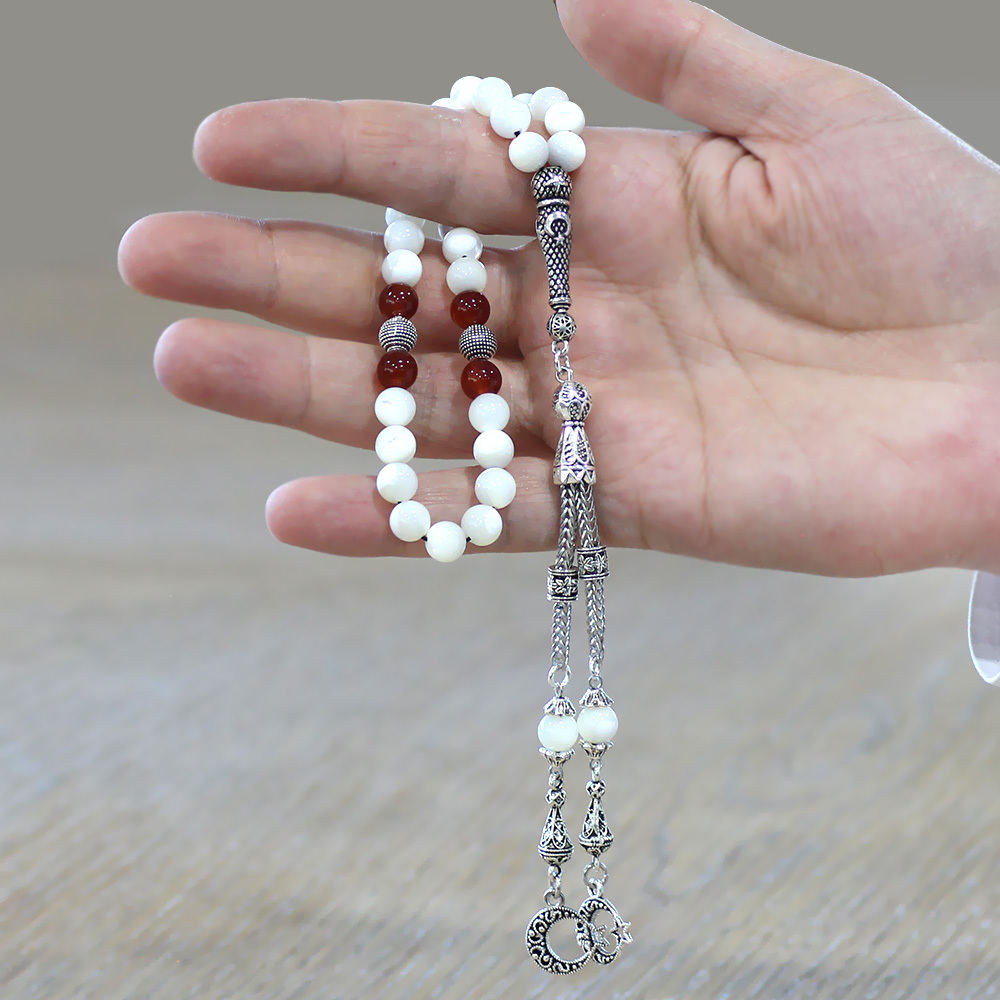 Kararmaz Metal Ayyıldız Püsküllü Küre Kesim Sedef Mercan Doğaltaş Tesbih - 2