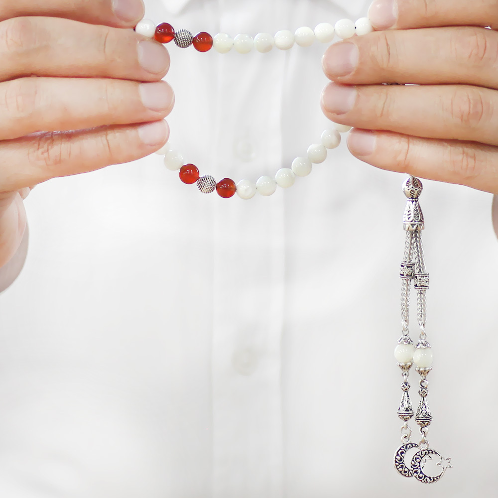 Kararmaz Metal Ayyıldız Püsküllü Küre Kesim Sedef Mercan Doğaltaş Tesbih - 3