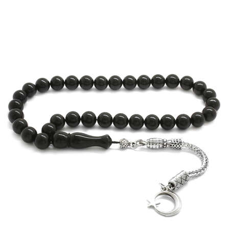 Kararmaz Metal Ayyıldız Püsküllü Küre Kesim Siyah Sıkma Kehribar Tesbih - Tesbihane