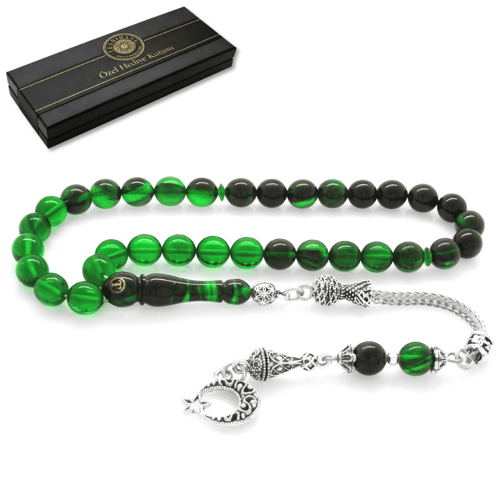 Kararmaz Metal Ayyıldız Püsküllü Küre Kesim Yeşil Siyah Ateş Kehribar Tesbih - 1