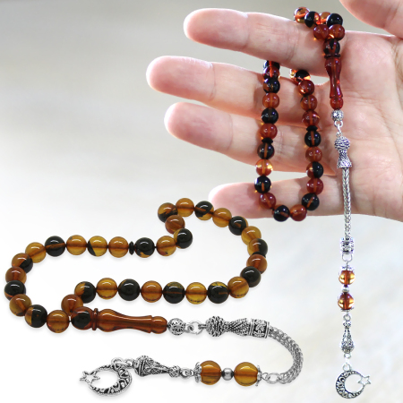 Kararmaz Metal Ayyıldız Püsküllü Küre Kesim Sarı - Siyah Ateş Kehribar Tesbih - Tesbihane