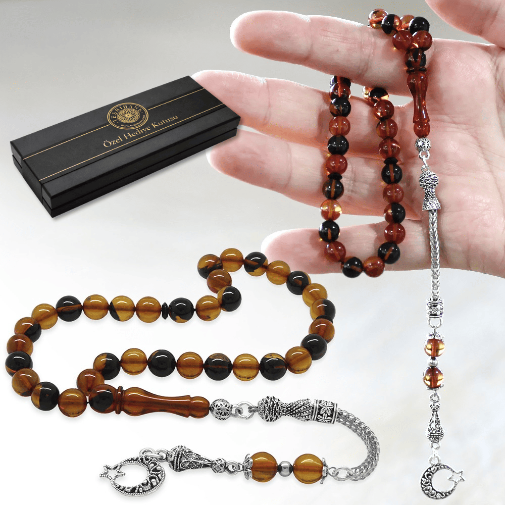 Kararmaz Metal Ayyıldız Püsküllü Küre Kesim Sarı - Siyah Ateş Kehribar Tesbih - 1