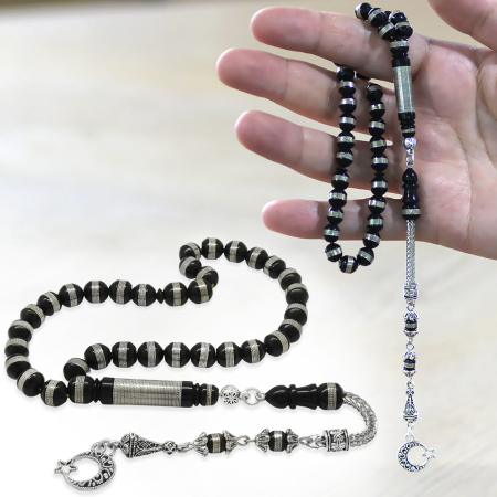 Kararmaz Metal Ayyıldız Püsküllü Metal Sarmal İstanbul Kesim Siyah Kuka Tesbih - Tesbihane