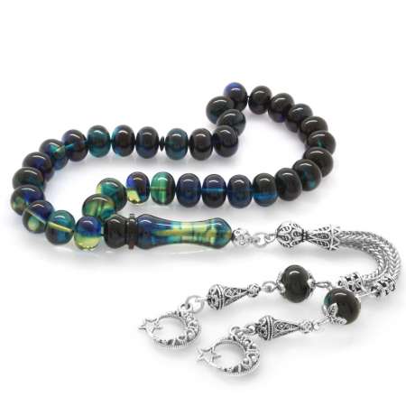 Kararmaz Metal Ayyıldız Püsküllü Tekerlek Kesim Süzme Mavi Beyaz Ateş Kehribar Tesbih - Tesbihane