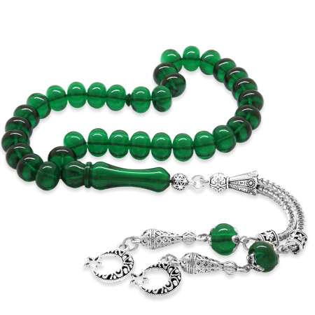 Kararmaz Metal Ayyıldız Püsküllü Tekerlek Kesim Yeşil Ateş Kehribar Tesbih - Tesbihane