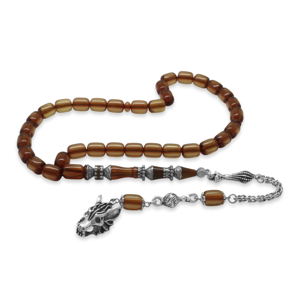 Kararmaz Metal Bozkurt Püsküllü Alpaka Nakkaş İmameli Kapsül Kesim Şeffaf Renk Sıkma Kehribar Tesbih - 4