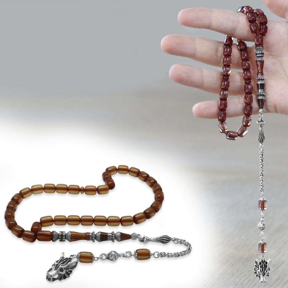 Kararmaz Metal Bozkurt Püsküllü Alpaka Nakkaş İmameli Kapsül Kesim Şeffaf Renk Sıkma Kehribar Tesbih - 1