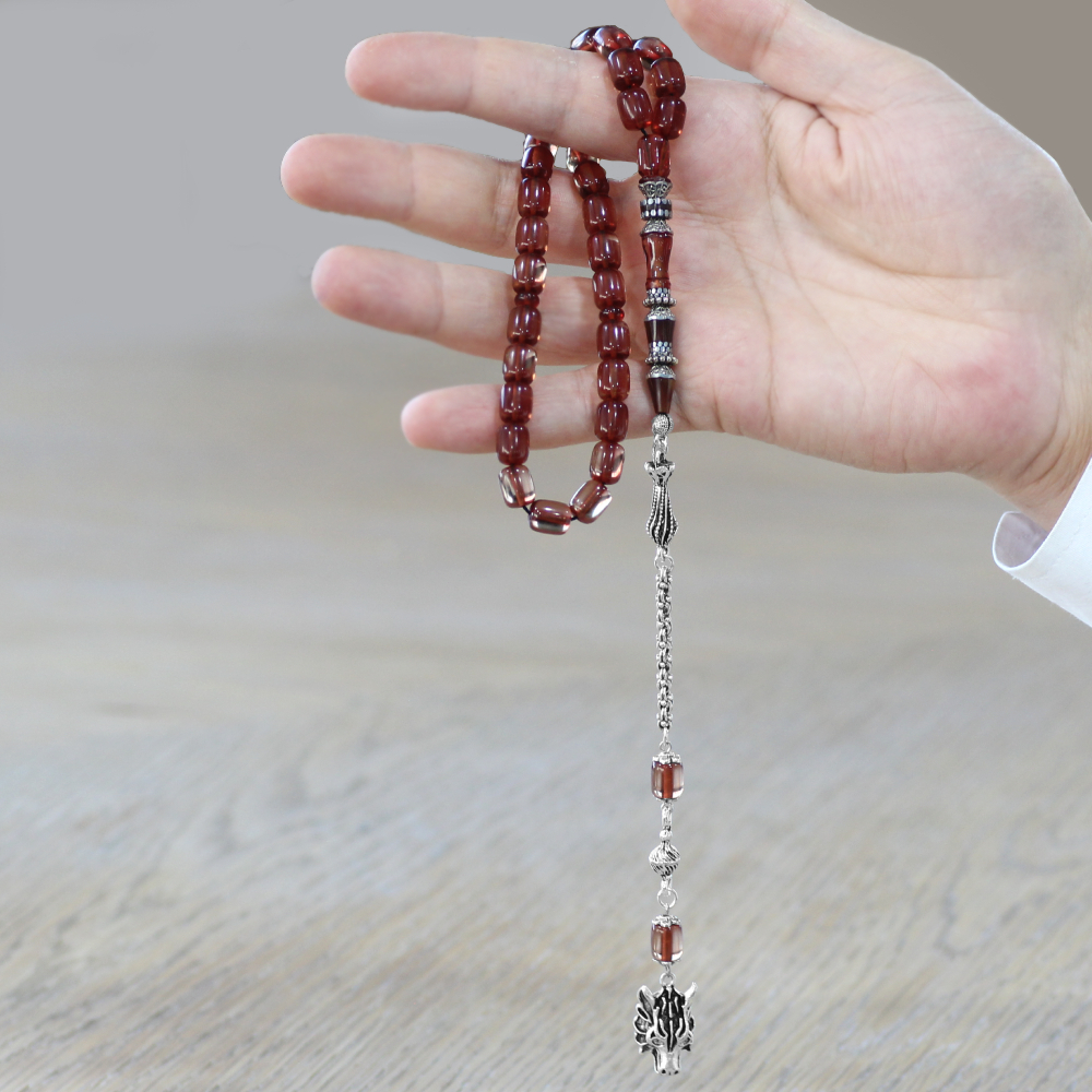 Kararmaz Metal Bozkurt Püsküllü Alpaka Nakkaş İmameli Kapsül Kesim Şeffaf Renk Sıkma Kehribar Tesbih - 2