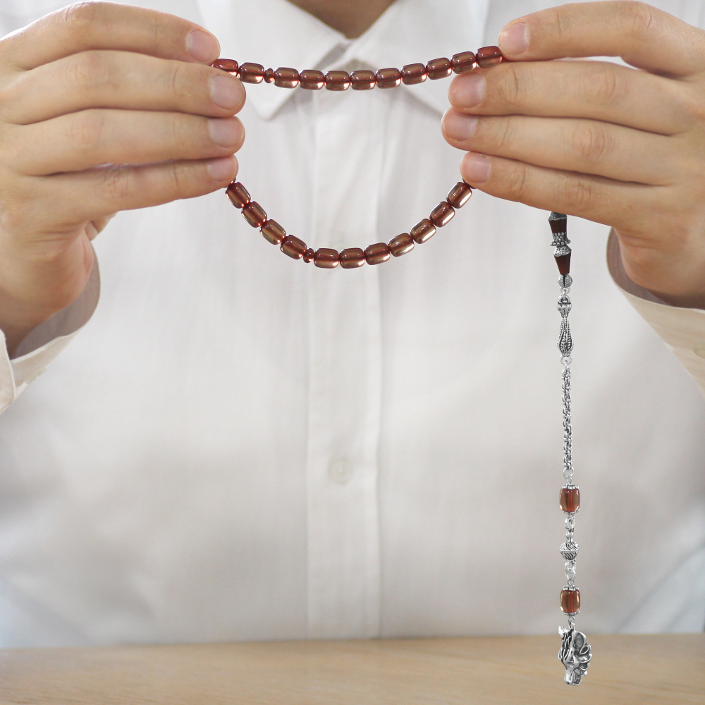 Kararmaz Metal Bozkurt Püsküllü Alpaka Nakkaş İmameli Kapsül Kesim Şeffaf Renk Sıkma Kehribar Tesbih - 3