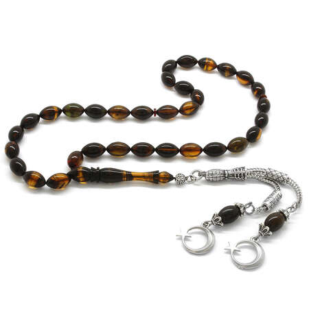 Kararmaz Metal Çift Ayyıldız Püsküllü Arpa Kesim Sarı-Siyah Sıkma Kehribar Tesbih - Tesbihane