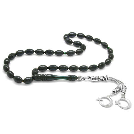 Kararmaz Metal Çift Ayyıldız Püsküllü Arpa Kesim Turkuaz-Siyah Sıkma Kehribar Tesbih - Tesbihane