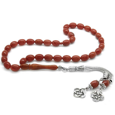 Kararmaz Metal Çift Kazaz Püsküllü Arpa Kesim Beyaz Hareli Kırmızı Sıkma Kehribar Tesbih - Tesbihane