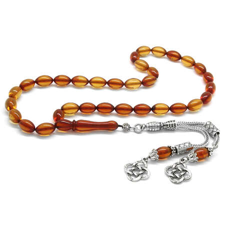 Kararmaz Metal Çift Kazaz Püsküllü Arpa Kesim Kristal Sarı Ateş Kehribar Tesbih - Tesbihane